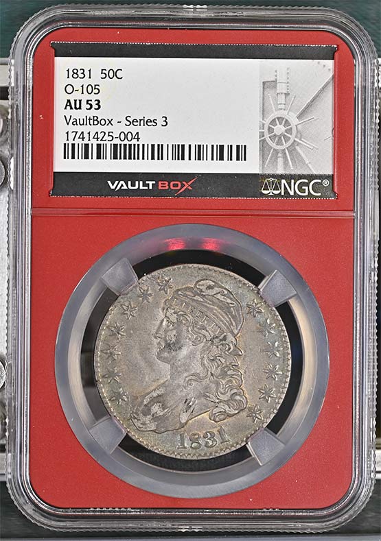 1831 Capped Bust Lettered Edge Half Dollar NGC AU53 Vaultbox Series 3 Front