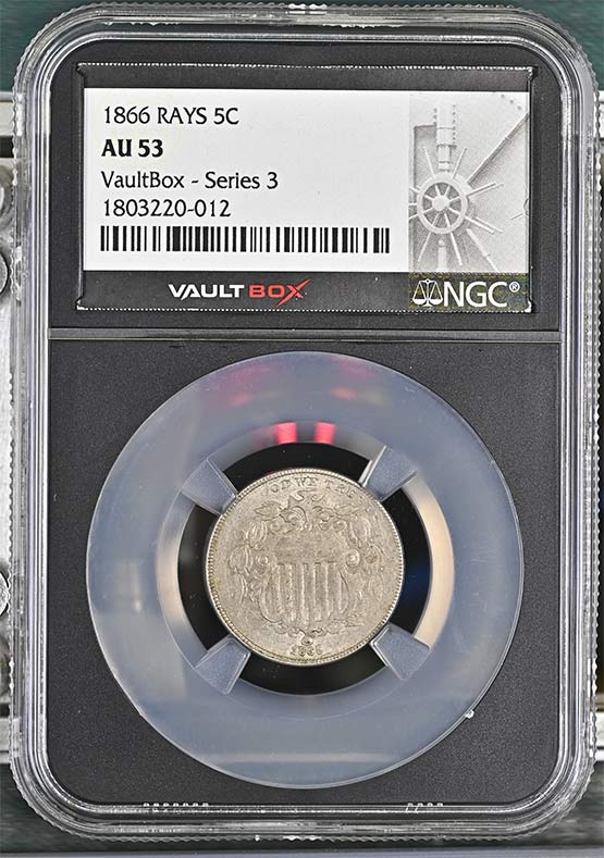 1866 Rays Shield Nickel NGC AU53 Vaultbox Series 3 Front