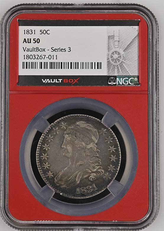 1831 Capped Bust Lettered Edge Half Dollar NGC AU50 Vaultbox Series 3 Front