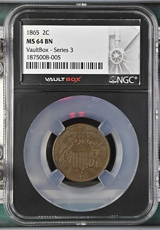 1865 Shield Two-Cent Piece NGC MS64BN Vaultbox Series 3 Front