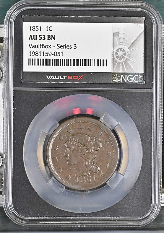 1851 Braided Hair Large Cent NGC AU53BN Vaultbox Series 3 Front