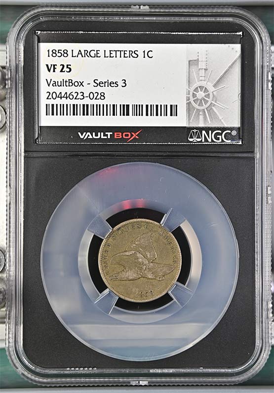 1858 Large Letters Flying Eagle Cent NGC VF25 Vaultbox Series 3 Front