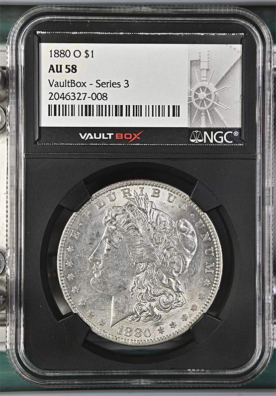 1880-O $1 Morgan Silver Dollar NGC AU58 Vaultbox Series 3 Front