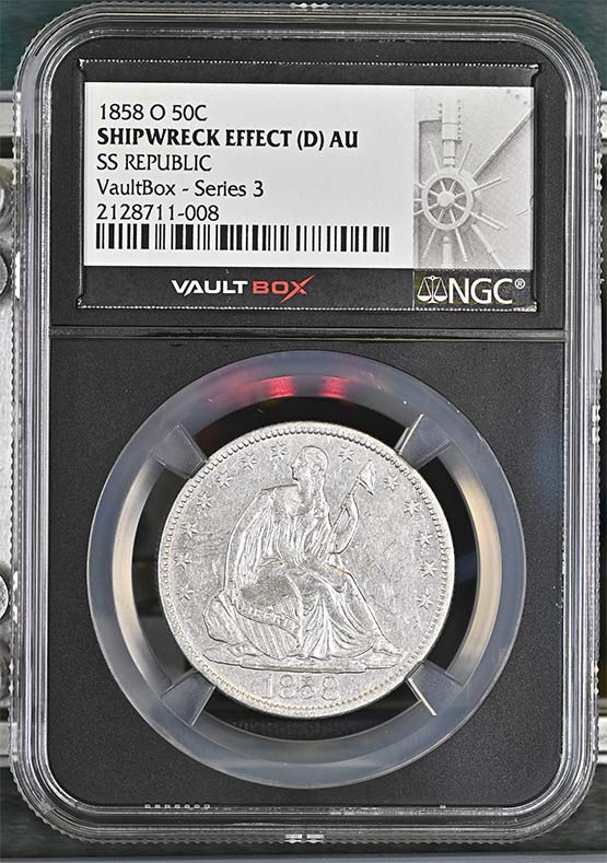 1858-O SS Republic Seated Liberty Half Dollar NGC Shipwreck Effect (D) AU Vaultbox Series 3 Front