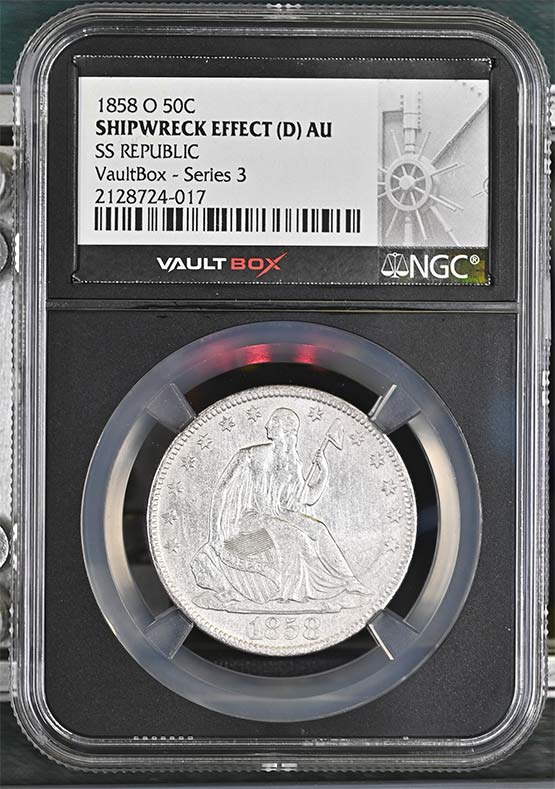 1858-O SS Republic Seated Liberty Half Dollar NGC Shipwreck Effect (D) AU Vaultbox Series 3 Front