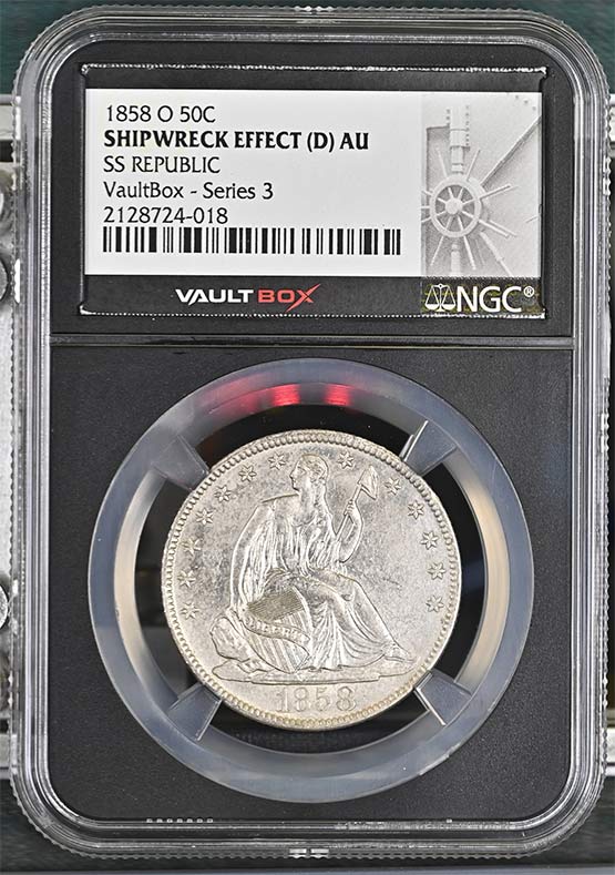 1858-O SS Republic Seated Liberty Half Dollar NGC Shipwreck Effect (D) AU Vaultbox Series 3 Front