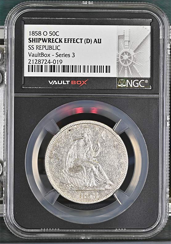 1858-O SS Republic Seated Liberty Half Dollar NGC Shipwreck Effect (D) AU Vaultbox Series 3 Front