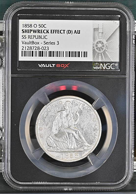 1858-O SS Republic Seated Liberty Half Dollar NGC Shipwreck Effect (D) AU Vaultbox Series 3 Front