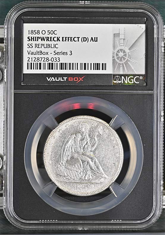 1858-O SS Republic Seated Liberty Half Dollar NGC Shipwreck Effect (D) AU Vaultbox Series 3 Front