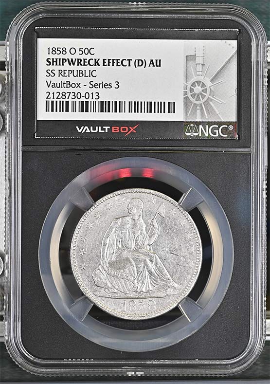 1858-O SS Republic Seated Liberty Half Dollar NGC Shipwreck Effect (D) AU Vaultbox Series 3 Front