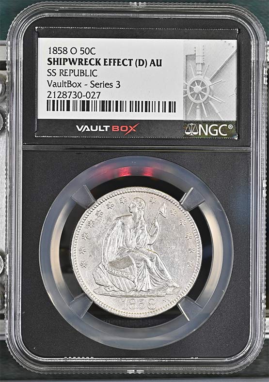 1858-O SS Republic Seated Liberty Half Dollar NGC Shipwreck Effect (D) AU Vaultbox Series 3 Front