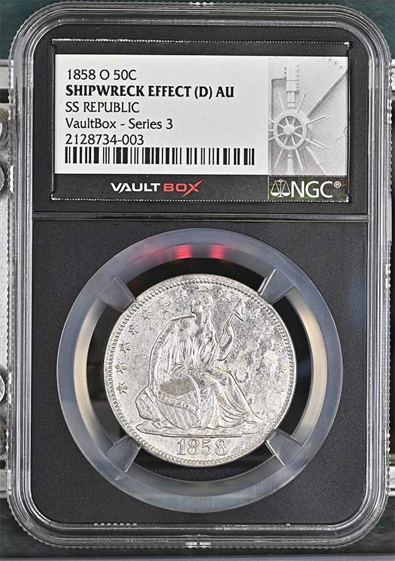 1858-O SS Republic Seated Liberty Half Dollar NGC Shipwreck Effect (D) AU Vaultbox Series 3 Front