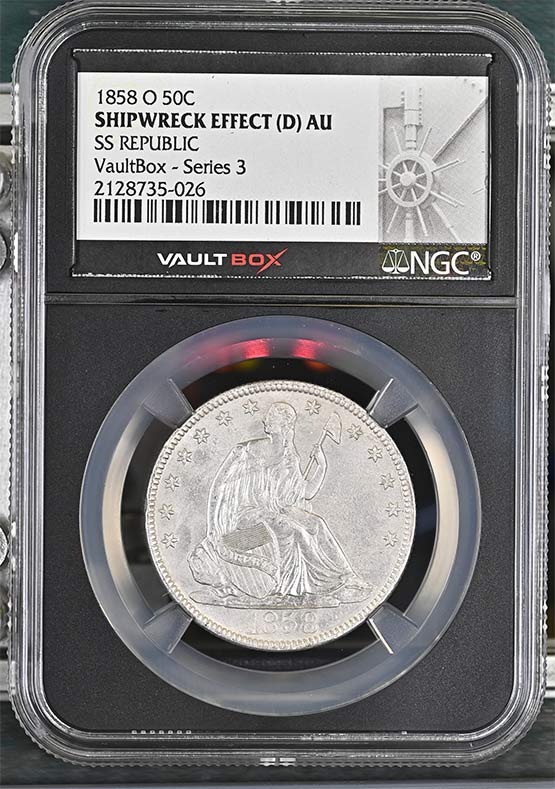 1858-O SS Republic Seated Liberty Half Dollar NGC Shipwreck Effect (D) AU Vaultbox Series 3 Front