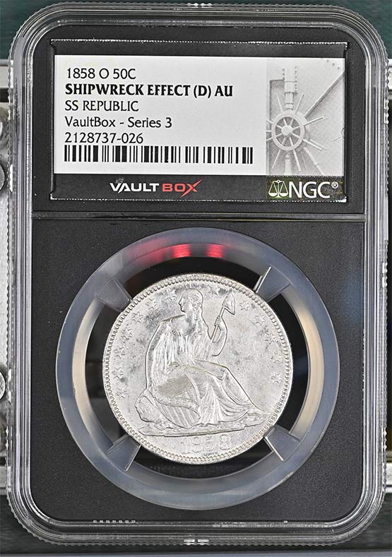 1858-O SS Republic Seated Liberty Half Dollar NGC Shipwreck Effect (D) AU Vaultbox Series 3 Front