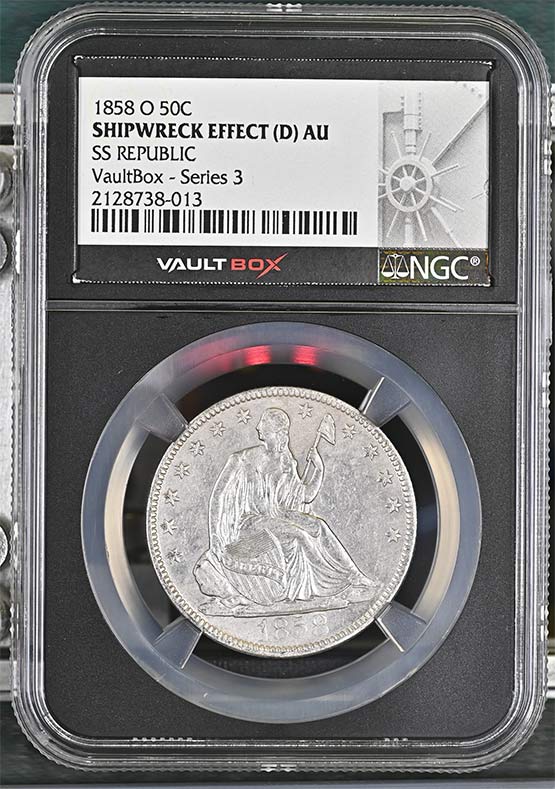 1858-O SS Republic Seated Liberty Half Dollar NGC Shipwreck Effect (D) AU Vaultbox Series 3 Front