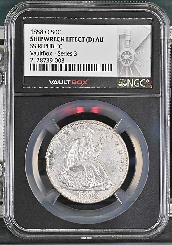 1858-O SS Republic Seated Liberty Half Dollar NGC Shipwreck Effect (D) AU Vaultbox Series 3 Front