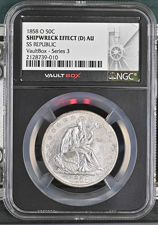 1858-O SS Republic Seated Liberty Half Dollar NGC Shipwreck Effect (D) AU Vaultbox Series 3 Front