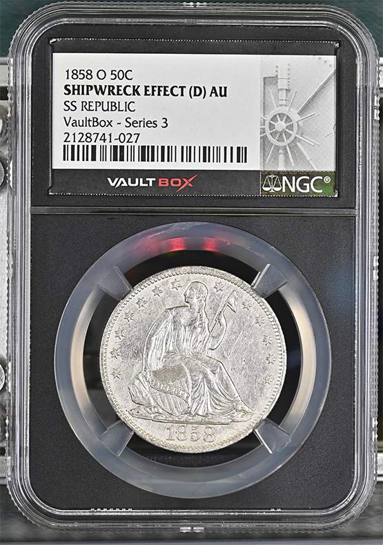 1858-O SS Republic Seated Liberty Half Dollar NGC Shipwreck Effect (D) AU Vaultbox Series 3 Front