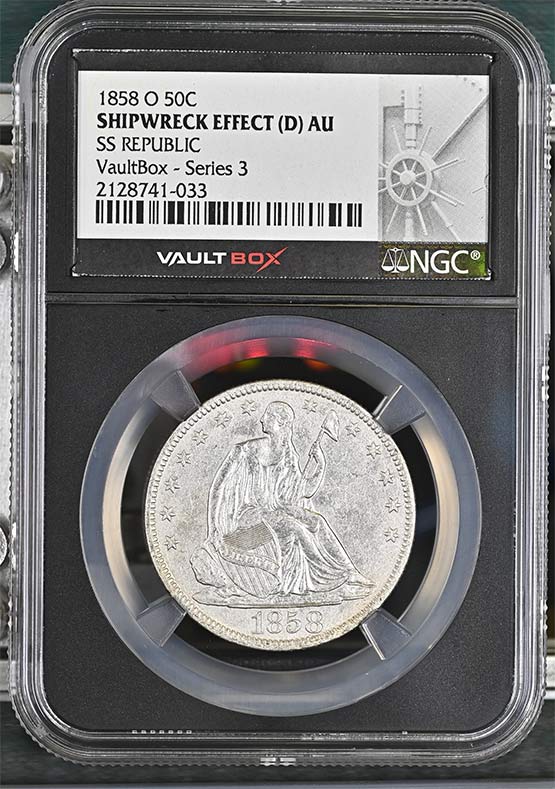 1858-O SS Republic Seated Liberty Half Dollar NGC Shipwreck Effect (D) AU Vaultbox Series 3 Front