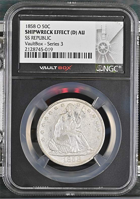 1858-O SS Republic Seated Liberty Half Dollar NGC Shipwreck Effect (D) AU Vaultbox Series 3 Front