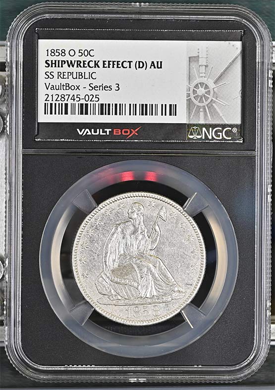 1858-O SS Republic Seated Liberty Half Dollar NGC Shipwreck Effect (D) AU Vaultbox Series 3 Front