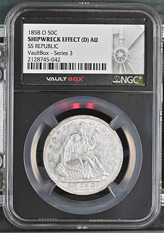 1858-O SS Republic Seated Liberty Half Dollar NGC Shipwreck Effect (D) AU Vaultbox Series 3 Front