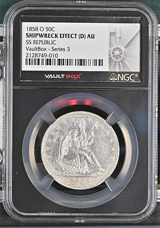 1858-O SS Republic Seated Liberty Half Dollar NGC Shipwreck Effect (D) AU Vaultbox Series 3 Front