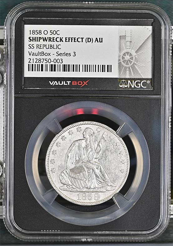 1858-O SS Republic Seated Liberty Half Dollar NGC Shipwreck Effect (D) AU Vaultbox Series 3 Front