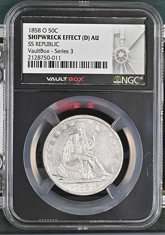 1858-O SS Republic Seated Liberty Half Dollar NGC Shipwreck Effect (D) AU Vaultbox Series 3 Front