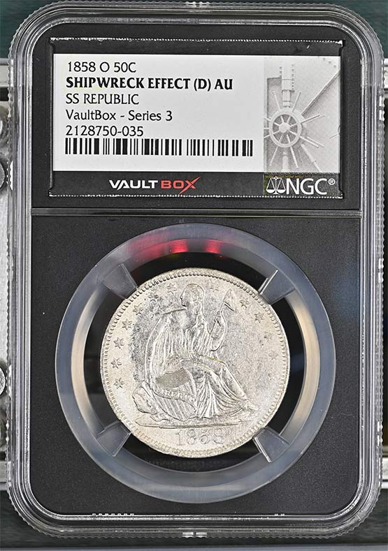 1858-O SS Republic Seated Liberty Half Dollar NGC Shipwreck Effect (D) AU Vaultbox Series 3 Front
