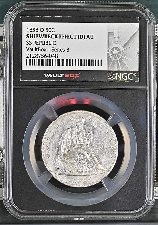 1858-O SS Republic Seated Liberty Half Dollar NGC Shipwreck Effect (D) AU Vaultbox Series 3 Front