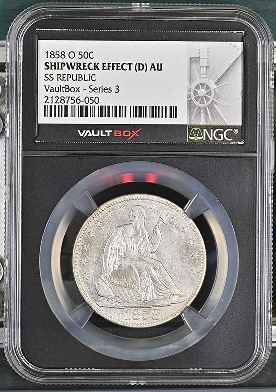 1858-O SS Republic Seated Liberty Half Dollar NGC Shipwreck Effect (D) AU Vaultbox Series 3 Front