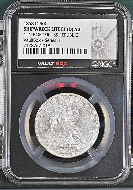1858-O 1 in Border SS Republic Seated Liberty Half Dollar NGC Shipwreck Effect O (D) AU Vaultbox Series 3 Front