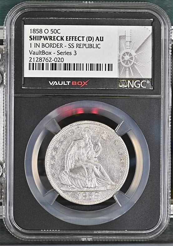 1858-O 1 in Border SS Republic Seated Liberty Half Dollar NGC Shipwreck Effect O (D) AU Vaultbox Series 3 Front