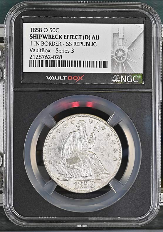 1858-O 1 in Border SS Republic Seated Liberty Half Dollar NGC Shipwreck Effect O (D) AU Vaultbox Series 3 Front