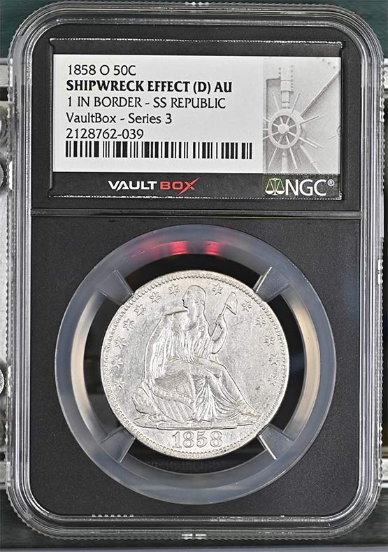 1858-O 1 in Border SS Republic Seated Liberty Half Dollar NGC Shipwreck Effect O (D) AU Vaultbox Series 3 Front