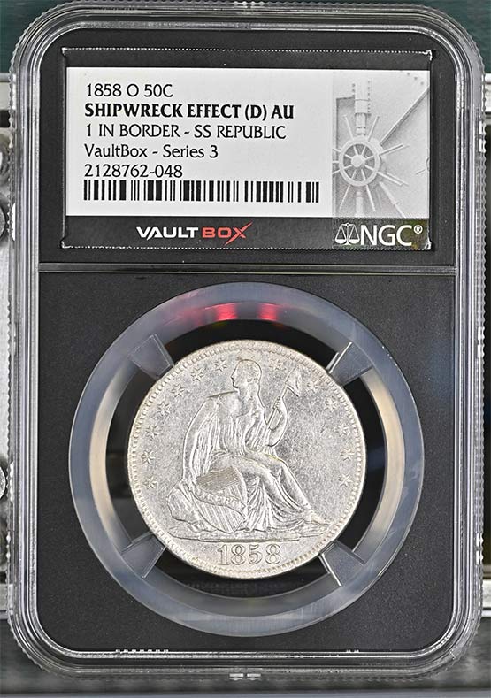 1858-O 1 in Border SS Republic Seated Liberty Half Dollar NGC Shipwreck Effect O (D) AU Vaultbox Series 3 Front