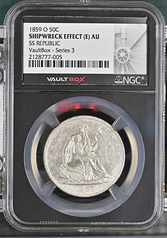 1859-O SS Republic Seated Liberty Half Dollar NGC Shipwreck Effect (E) AU Vaultbox Series 3 Front