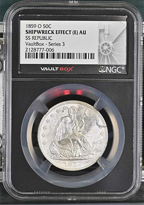 1859-O SS Republic Seated Liberty Half Dollar NGC Shipwreck Effect (E) AU Vaultbox Series 3 Front