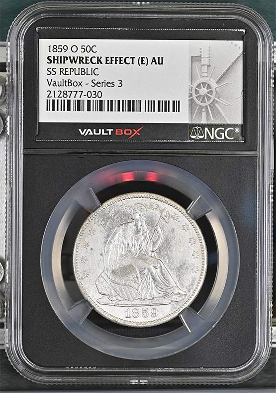 1859-O SS Republic Seated Liberty Half Dollar NGC Shipwreck Effect (E) AU Vaultbox Series 3 Front