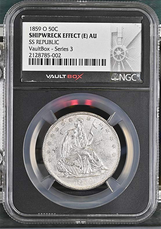 1859-O SS Republic Seated Liberty Half Dollar NGC Shipwreck Effect (E) AU Vaultbox Series 3 Front