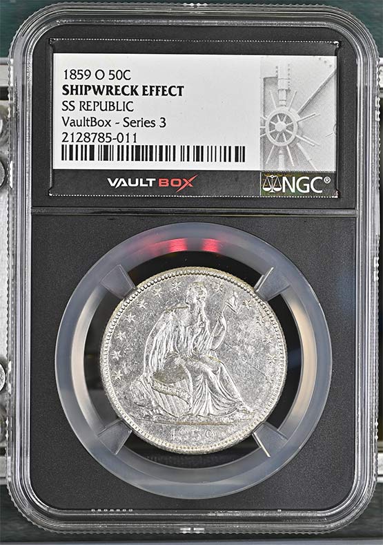 1859-O SS Republic Seated Liberty Half Dollar NGC Shipwreck Effect Vaultbox Series 3 Front