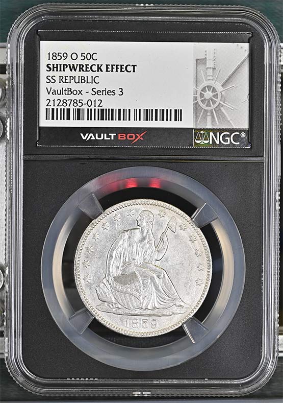 1859-O SS Republic Seated Liberty Half Dollar NGC Shipwreck Effect Vaultbox Series 3 Front