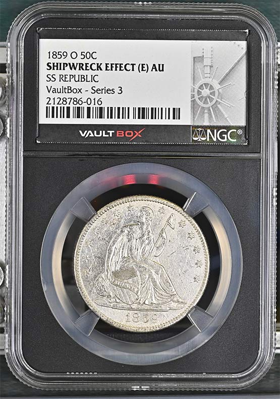 1859-O SS Republic Seated Liberty Half Dollar NGC Shipwreck Effect (E) AU Vaultbox Series 3 Front