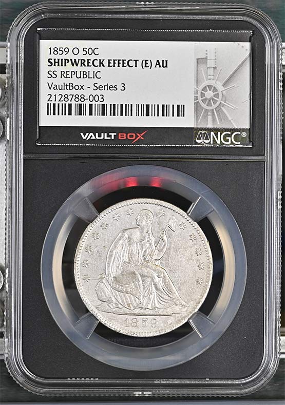 1859-O SS Republic Seated Liberty Half Dollar NGC Shipwreck Effect (E) AU Vaultbox Series 3 Front
