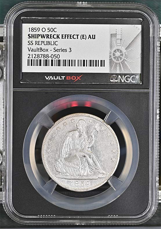 1859-O SS Republic Seated Liberty Half Dollar NGC Shipwreck Effect (E) AU Vaultbox Series 3 Front
