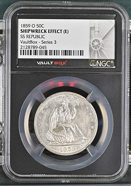 1859-O SS Republic Seated Liberty Half Dollar NGC Shipwreck Effect (E) Vaultbox Series 3 Front