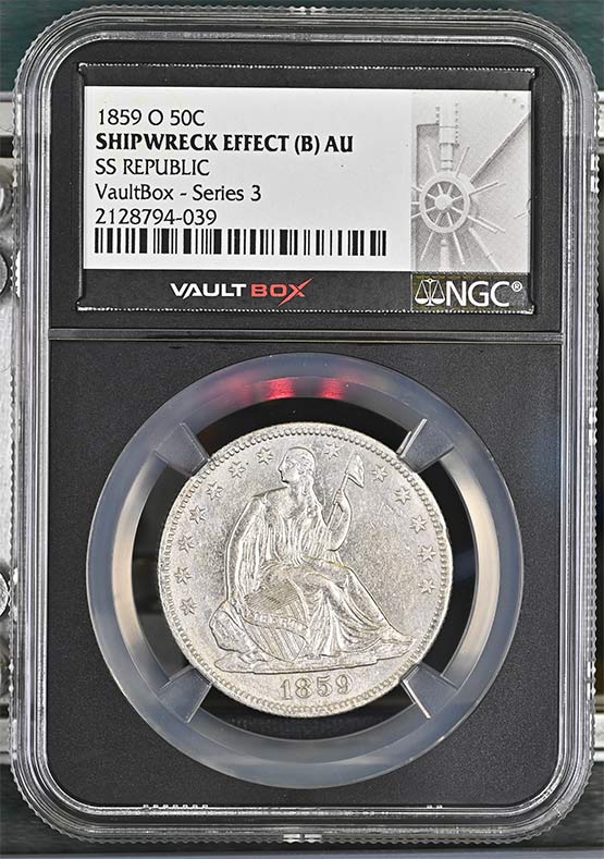 1859-O SS Republic Seated Liberty Half Dollar NGC Shipwreck Effect (E) AU Vaultbox Series 3 Front