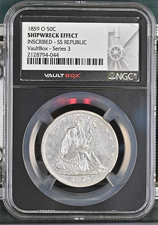 1859 SS Republic Seated Liberty Half Dollar NGC Shipwreck Effect Inscribed Vaultbox Series 3 Front