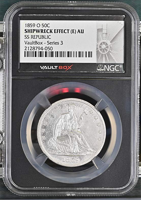 1859-O SS Republic Seated Liberty Half Dollar NGC Shipwreck Effect (E) AU Vaultbox Series 3 Front